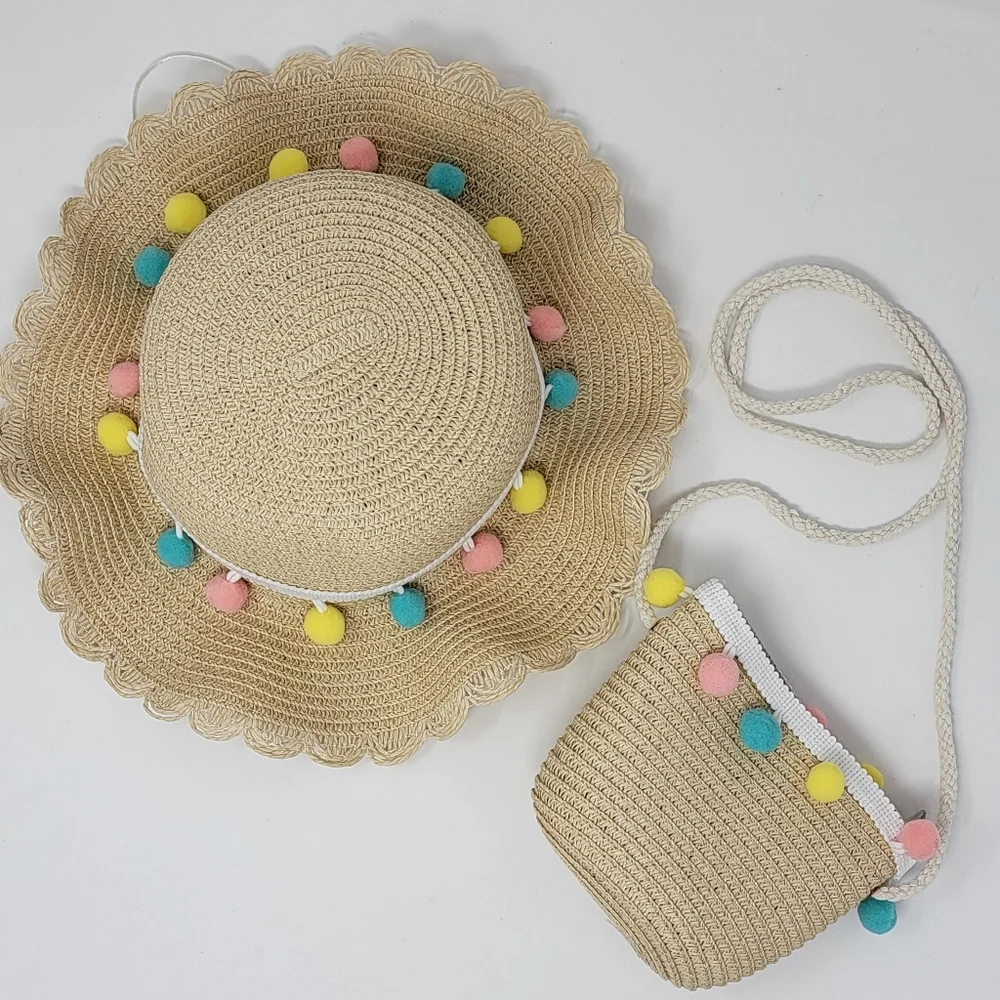 Toddler Straw & Pom Pom Summer Hat & Matching Crossbody Purse Set (One Size)